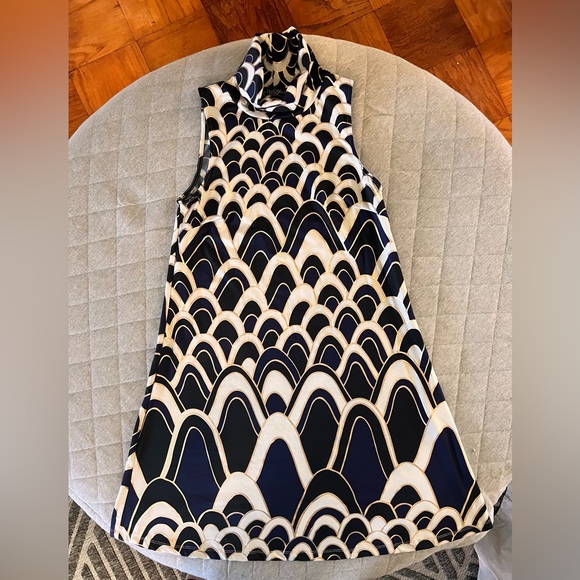 Vtg Yvonne LaFleur Sml Art Deco Navy Black Gold Sleeveless Turtleneck Mini Dress - Picture 1 of 8